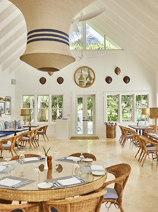 The soaring ceiling at The Fig Tree restaurant at The Potlatch Club, Eleuthera